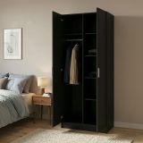 Guardaroba 2 Ante Nero Appendiabiti 5 Ripiani 78.7x200.9h cm, Apertura Battente - Argor