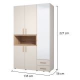 Guardaroba 3 Ante Beige Marrone Rovere Nodi Appendiabiti 2 Cassetti 134.5x56 cm, 6 Ripiani - Pianezze