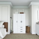 Guardaroba 3 Ante Bianco 3 Ripiani 3 Cassetti 90x47 cm, Appendiabiti - Valdengo