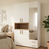 Guardaroba 3 Ante Bianco Marrone Rovere Nodi Appendiabiti 2 Cassetti 134.5x56 cm, 6 Ripiani - Pianezze