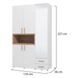 Guardaroba 3 Ante Bianco Marrone Rovere Nodi Appendiabiti 2 Cassetti 134.5x56 cm, 6 Ripiani - Pianezze