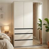 Guardaroba 3 Ante Bianco Nero 4 Ripiani 3 Cassetti 138x55 cm, Appendiabiti - Ilbonoo