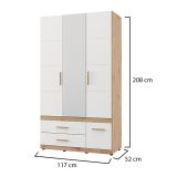 Guardaroba 3 Ante Bianco Opaco Marrone Rovere Nodi Appendiabiti 3 Cassetti 117x52 cm, 2 Ripiani - Yelapa