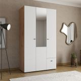Guardaroba 3 Ante Bianco Opaco Marrone Rovere Nodi Appendiabiti un Cassetto 117x52 cm, 4 Ripiani - Serram