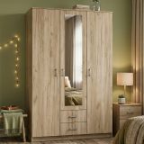 Guardaroba 3 Ante Marrone Rovere Bianco Appendiabiti 2 Cassetti 120x52 cm, 4 Ripiani - Crati