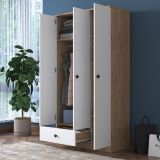 Guardaroba 3 Ante Marrone Rovere Bianco Appendiabiti un Cassetto 90x43 cm, 5 Ripiani - Infine