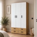 Guardaroba 3 Ante Marrone Rovere Nodi Bianco Appendiabiti 4 Cassetti 111x52 cm, 4 Ripiani - Randazzo