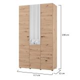 Guardaroba 3 Ante Marrone Rovere Nodi Bianco Appendiabiti un Cassetto 117x52 cm, 4 Ripiani - Serram