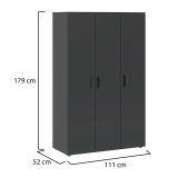 Guardaroba 3 Ante Nero Antracite Appendiabiti 4 Ripiani 111x52 cm, 3 Ante - Pettineo