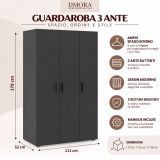 Guardaroba 3 Ante Nero Antracite Appendiabiti 4 Ripiani 111x52 cm, 3 Ante - Pettineo