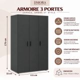 Guardaroba 3 Ante Nero Antracite Appendiabiti 4 Ripiani 111x52 cm, 3 Ante - Pettineo