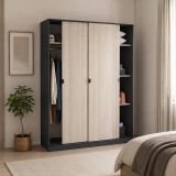 Guardaroba 3 Ante Nero Antracite Marrone Rovere 4 Ripiani Appendiabiti 150x50 cm, 3 Ante - Senales