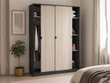 Guardaroba 3 Ante Nero Antracite Marrone Rovere 4 Ripiani Appendiabiti 150x50 cm, 3 Ante - Senales