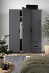 Guardaroba 3 ante Thea, Mobile camera da letto, Cabina armadio portabiti, Armadio appendiabiti, 50x147 h200 cm, Grigio