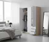 Guardaroba Allentown, Armadio per camera da letto a 3 ante e 3 cassetti, Mobile con barra appendiabiti e 3 ripiani, 121x52h180 cm, Bianco e Rovere