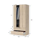 Guardaroba Burbank, Armadio per camera da letto a 2 ante e 2 cassetti, Mobile per camera da letto con barra appendiabiti, 81x52h180 cm, Rovere