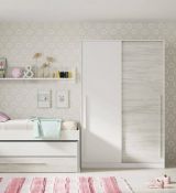 Guardaroba Downey, Armadio per camera da letto a 2 ante scorrevoli, Mobile con barra appendiabiti e 3 ripiani, 120x50h200 cm, Bianco anticato