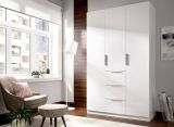 Guardaroba Falterona, Mobile appendiabiti per camera da letto, Armadio a 3 ante battenti e 3 cassetti, 135x52h204 cm, Bianco lucido