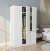 Guardaroba Fullerton, Armadio per camera da letto a 3 ante e 3 cassetti, Mobile con 3 ripiani e barra appendiabiti, 135x52h200 cm, Bianco