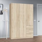 Guardaroba Fullerton, Armadio per camera da letto a 3 ante e 3 cassetti, Mobile con 3 ripiani e barra appendiabiti, 135x52h200 cm, Rovere