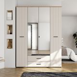Guardaroba Grande Bianco Crema Marrone Rovere 2 Cassetti 8 Ripiani 157x208h cm, Appendiabiti - Pokhar