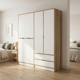 Guardaroba Grande Bianco Marrone Noce 5 Ripiani Appendiabiti 185x208h cm, 2 Cassetti - Odalys