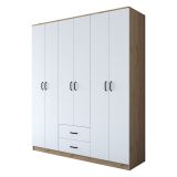 Guardaroba Grande Bianco Marrone Rovere 5 Ripiani 2 Cassetti 180x210h cm, Appendiabiti - Tadasuni