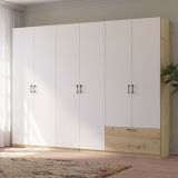 Guardaroba Grande Bianco Marrone Rovere Nodi 3 Ripiani Appendiabiti 269x210h cm, un Cassetto - Lezasana