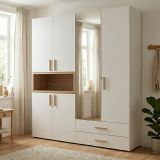 Guardaroba Grande Bianco Marrone Rovere Nodi 4 Ripiani 2 Cassetti 179x226.5h cm, Appendiabiti - Merlino
