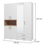 Guardaroba Grande Bianco Marrone Rovere Nodi 4 Ripiani 2 Cassetti 179x226.5h cm, Appendiabiti - Merlino