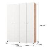Guardaroba Grande Bianco Marrone Rovere Nodi 4 Ripiani 4 Ante 155x208h cm, 6 Vani - Soris