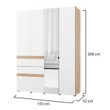 Guardaroba Grande Bianco Opaco Marrone Rovere Nodi 3 Cassetti 3 Ripiani 155x208h cm, Appendiabiti - Ushuaia