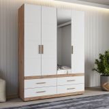 Guardaroba Grande Bianco Opaco Marrone Rovere Nodi 4 Cassetti 2 Ripiani 155x208h cm, Appendiabiti - Taxco