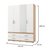 Guardaroba Grande Bianco Opaco Marrone Rovere Nodi 4 Cassetti 2 Ripiani 155x208h cm, Appendiabiti - Taxco
