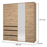 Guardaroba Grande Marrone Rovere Nodi Nero 4 Ripiani 3 Cassetti 183x211h cm, Appendiabiti - Rifreddoo