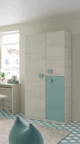 Guardaroba Manchester, Armadio per cameretta, Mobile a 3 ante e 3 ripiani con barra appendiabiti, 90x52h200 cm, Grigio e Verde acqua