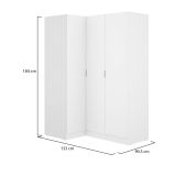 Guardaroba Meru, Mobile angolare per camera da letto, Armadio appendiabiti ad angolo a 3 ante battenti, 133x91h184 cm, Bianco