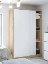 Guardaroba Waterbury, Armadio per camera da letto a 2 ante scorrevoli, Mobile con 3 ripiani e barra appendiabiti, 120x50h200 cm, Bianco e Rovere Nodi
