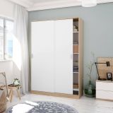 Guardaroba Waterbury, Armadio per camera da letto a 2 ante scorrevoli, Mobile con 3 ripiani e barra appendiabiti, 120x50h200 cm, Rovere e Bianco