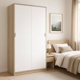Guardaroba Waterbury, Armadio per camera da letto a 2 ante scorrevoli, Mobile con 3 ripiani e barra appendiabiti, 120x50h200 cm, Rovere e Bianco