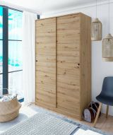 Guardaroba Waterbury, Armadio per camera da letto a 2 ante scorrevoli, Mobile con 4 ripiani e barra appendiabiti, 120x50h200 cm, Rovere Nodi