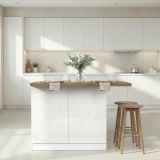 Isola da Cucina Bianco Lucido Marrone Noce 2 Ripiani 4 Vani 130x80x90h cm, 2 Ante Made in Italy - Miha