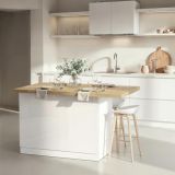 Isola da Cucina Bianco Lucido Marrone Rovere 2 Ripiani 4 Vani 130x80x90h cm, 2 Ante Made in Italy - Miha