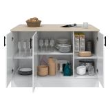 Isola da Cucina Bianco Lucido Marrone Rovere 3 Ripiani 6 Vani 138x94x90h cm, Apertura Battente - Siha