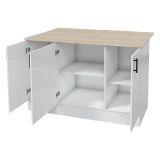 Isola da Cucina Bianco Lucido Marrone Rovere 3 Ripiani 6 Vani 138x94x90h cm, Apertura Battente - Siha