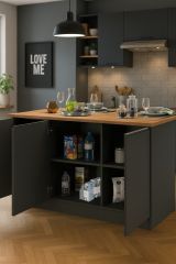 Isola da cucina Patrizio, Tavolo ausiliario portaoggetti, Mobile da cucina a 3 ante, 100% Made in Italy, 155x90h90 cm, Antracite e Rovere