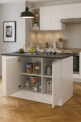 Isola da cucina Patrizio, Tavolo ausiliario portaoggetti, Mobile da cucina a 3 ante, 100% Made in Italy, 155x90h90 cm, Bianco lucido e Ardesia