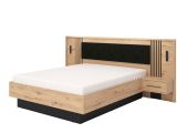 Letto Matrimoniale Marrone Rovere Nodi Nero Dimensione Materasso 160x200 cm Imbottito, Testiera Imbottita, 2 Comodini Inclusi - Casotto