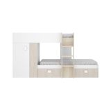 Letto per bambini Cevedale, Cameretta completa con armadio e cassetti, Composizione letto a castello con due lettini singoli, 271x111h150 cm, Bianco e Rovere
