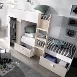 Letto per bambini Cevedale, Cameretta completa con armadio e cassetti, Composizione letto a castello con due lettini singoli, 271x111h150 cm, Bianco e Rovere